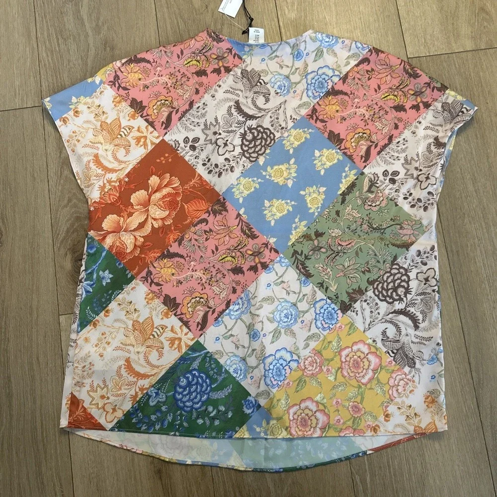 Cupcakes And Cashmere Floral Patch Work Rayon S/S Top Shirt Colorful Tropical Sm - Picture 4 of 7